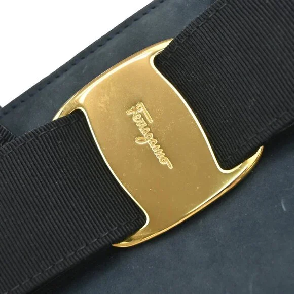 SALVATORE FERRAGAMO Vara Hand Bag Suede Leather Navy Blue Gold Italy 69KB383